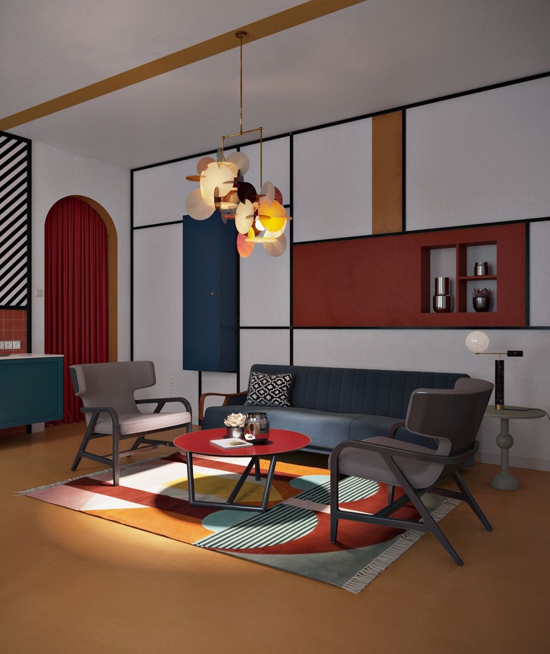 Phong cách Bauhaus được thể hiện qua các chi tiết hình học độc đáo và đồ nội thất đơn giản, cách phối màu rực rỡ giúp không gian thêm phần ấn tượng 