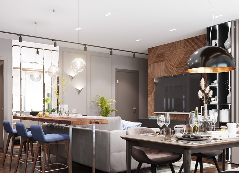 Không gian phòng bếp được bố trí nội thất gọn gàng, tối ưu diện tích; phù hợp tinh thần đơn giản mà vẫn tiện lợi của Bauhaus