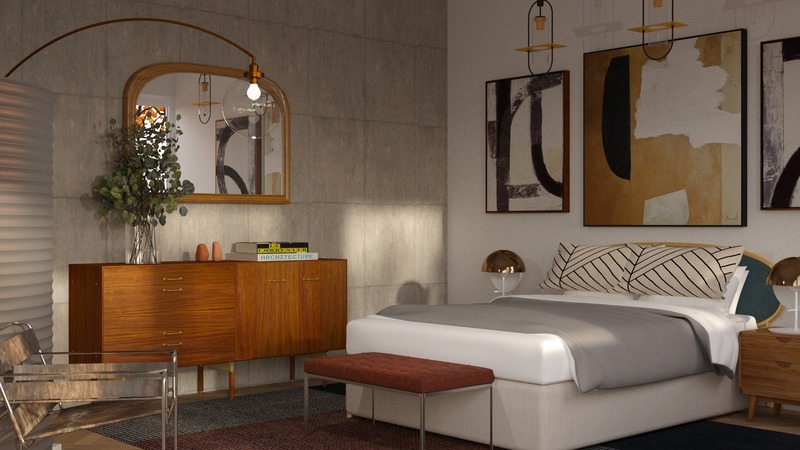 Không gian phòng ngủ phong cách Bauhaus đơn giản với điểm nhấn là các bức tranh treo tường lạ mắt