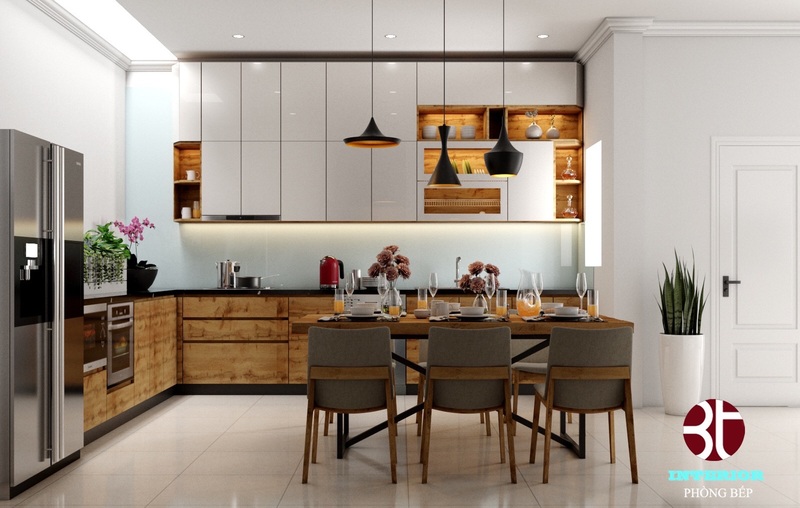 Phòng bếp rộng rãi, hiện đại, đầy đủ tiện nghi với tone màu trắng đơn giản mà sang trọng 
