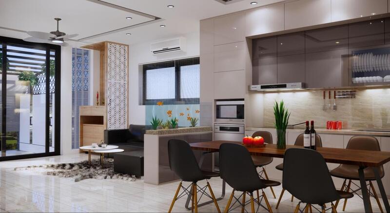 Thiết kế phòng khách và phòng bếp liên thông với nhau với tổng thể nội thất đơn giản, hiện đại