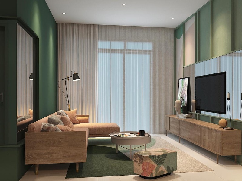 Không gian phòng khách sử dụng sơn tường màu xanh tạo nên cảm giác thanh bình và êm dịu, kết hợp với nội thất gỗ giản dị mà gần gũi