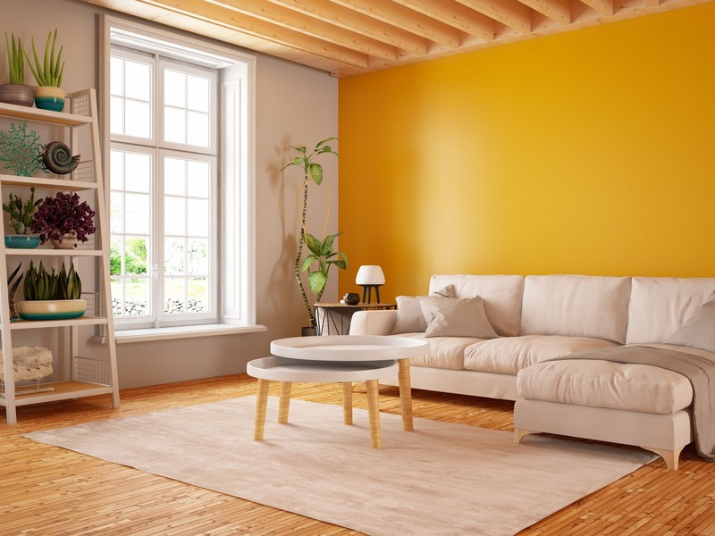 Không gian phòng khách vui tươi và tràn đầy sức sống với gam màu cam nổi bật