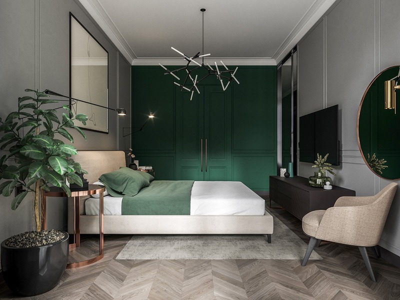 Không gian phòng ngủ sử dụng màu xanh lá đậm kết hợp với cây xanh tạo cảm giác êm dịu, gần gũi với thiên nhiên