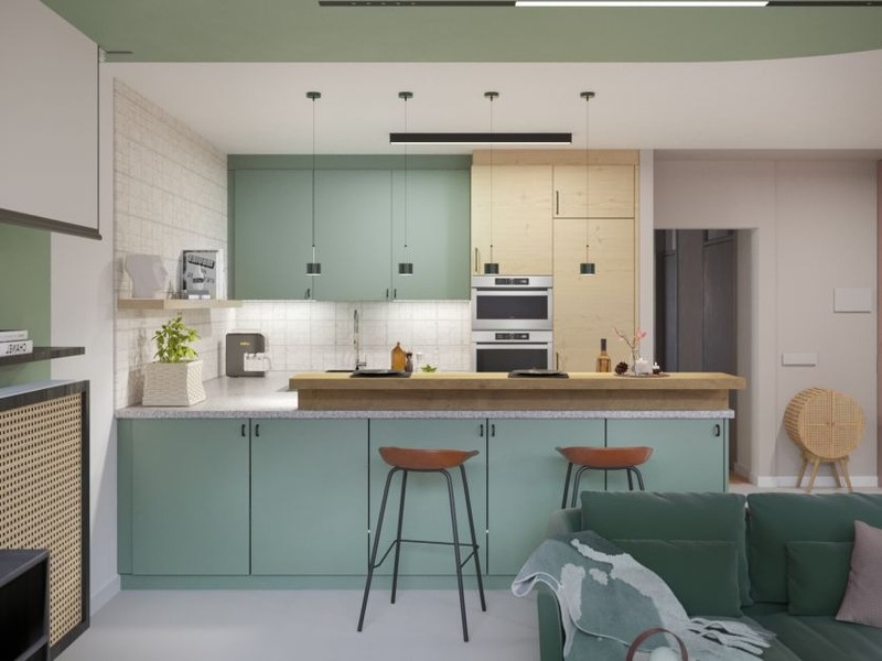 Không gian bếp sử dụng màu xanh chủ đạo - rất phù hợp để nâng đỡ vận khí cho người mệnh Hoả