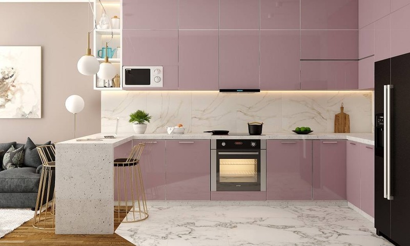 Không gian bếp màu hồng kết hợp với các phụ kiện bếp hiện đại tạo nên sự tiện nghi cho chủ nhân