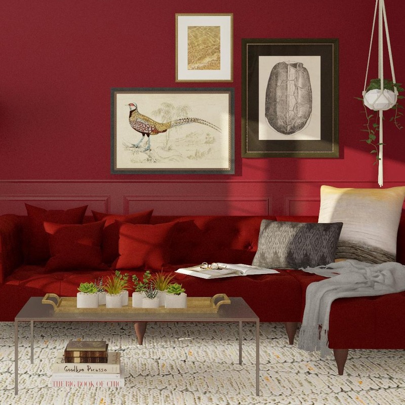 Phòng khách sử dụng gam màu đỏ làm màu sắc chủ đạo: màu đỏ tươi cho ghế sofa, màu đỏ rượu nhạt hơn cho sơn tường