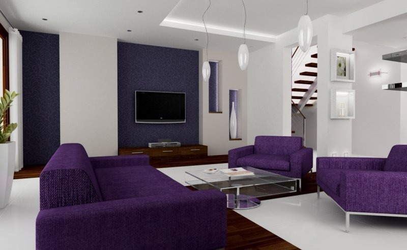 Điểm nhấn của không gian phòng khách này là bộ ghế sofa màu tím ấn tượng rất phù hợp với người mệnh Hoả