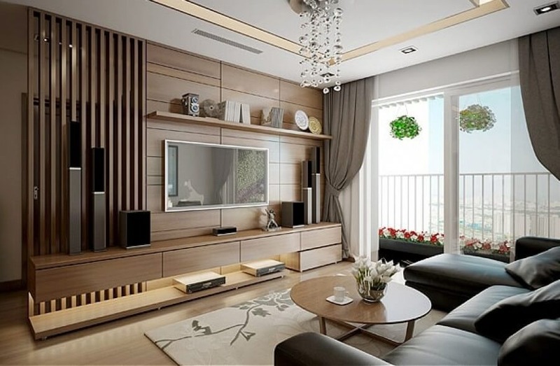 Sàn nhà phòng khách được lựa chọn từ gỗ tự nhiên, tăng cường yếu tố Mộc