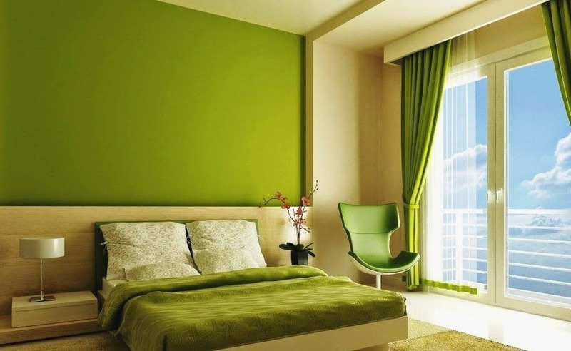 Không gian phòng ngủ với màu sắc chủ đạo là màu xanh lá cây, tạo cảm giác gần gũi với thiên nhiên.