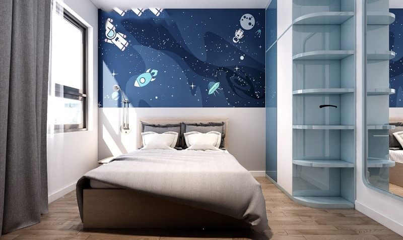 Không gian phòng ngủ màu xanh dương, kết hợp với khung cửa sổ bằng kính lớn đón ánh sáng tự nhiên