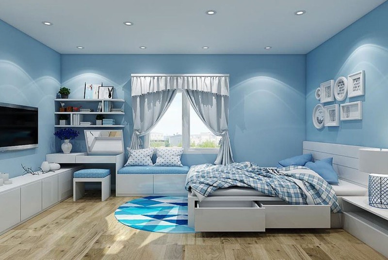 Không gian phòng ngủ màu xanh nước biển rất phù hợp với người mệnh Mộc