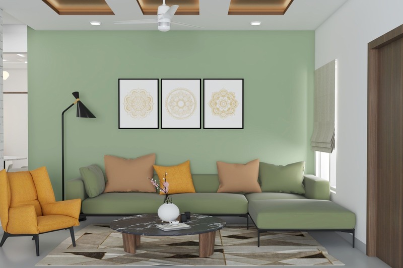 Thiết kế nội thất phòng khách dành cho chủ nhà mệnh Mộc với bộ ghế sofa màu xanh kết hợp trùng màu với bức tường