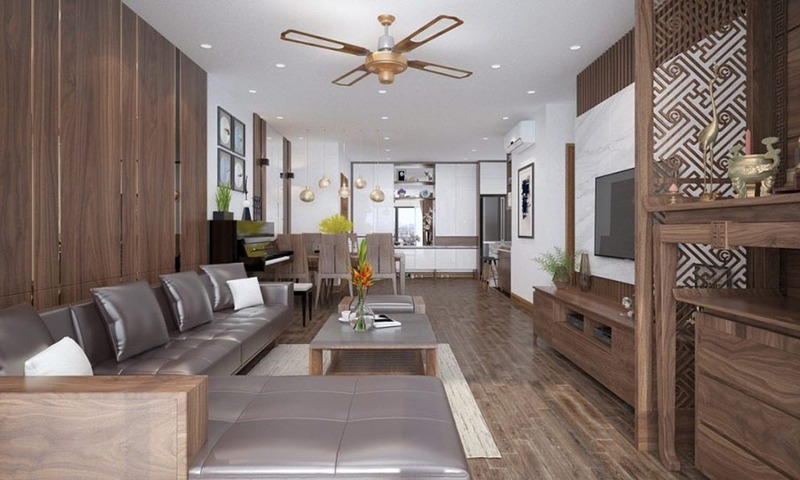 Không gian phòng khách thích hợp với người mệnh Mộc nhờ nội thất sử dụng chất liệu gỗ làm chủ đạo