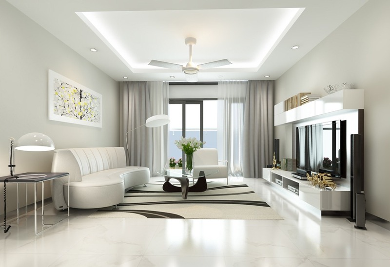 Không gian phòng khách dành cho chủ nhà mệnh Kim với thiết kế hiện đại, gam màu trắng được sử dụng cho cả nội thất, tường, trần và sàn nhà tạo cảm giác thoáng rộng.