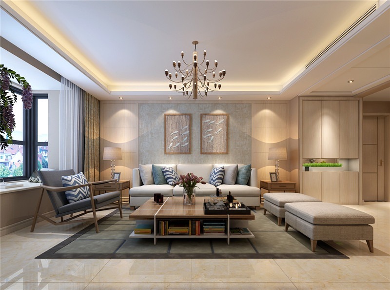 Mẫu phòng khách sử dụng hệ thống ánh sáng màu vàng ấm, kết hợp với chi tiết trang trí đèn chùm làm bằng đồng tinh xảo