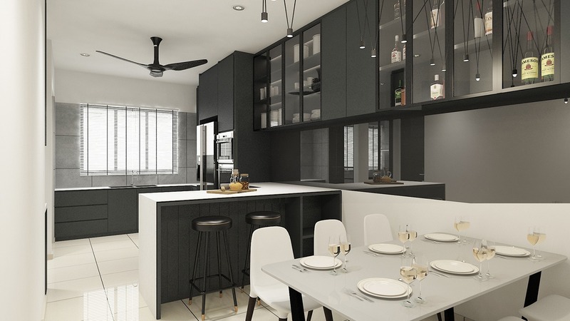 Phòng bếp có sự phối trộn của hai gam màu đối lập: màu đen của tủ bếp và màu trắng của bàn ăn tạo nên nét cá tính độc lạ
