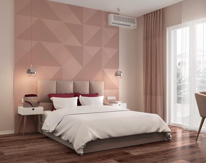 Không gian nội thất căn phòng ngủ màu hồng đất dịu nhẹ của chủ nhà mệnh Thổ