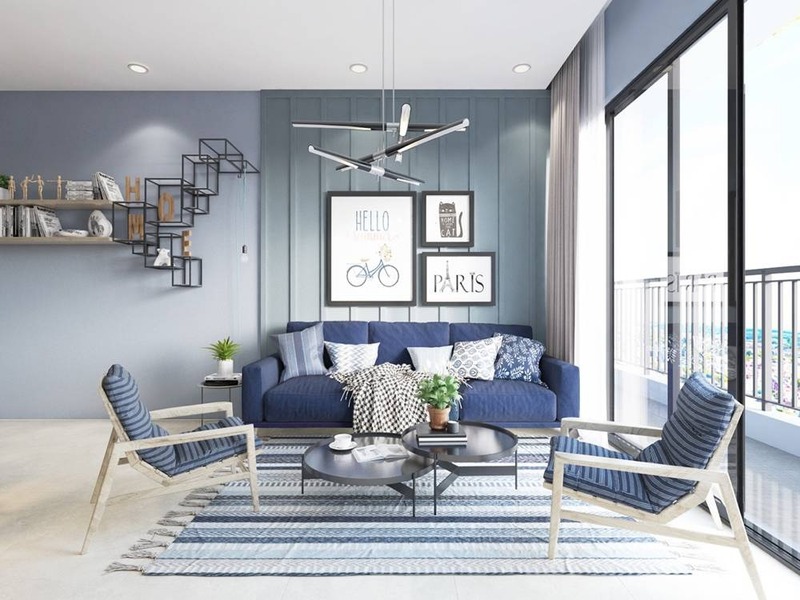 Không gian phòng khách với tông màu xanh nước biển tươi mát làm màu chủ đạo, đem đến sự thư thái và sảng khoái cho chủ nhà mệnh Thủy