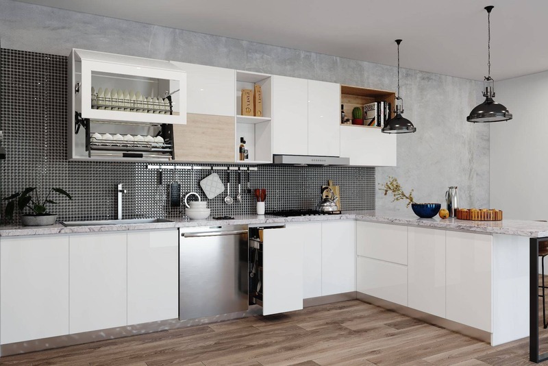 Không gian nội thất căn bếp của chủ nhà mệnh Thủy với hệ tủ gỗ màu trắng tinh tế, sang trọng