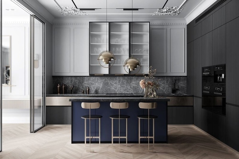 Không gian nội thất phòng bếp sang trọng, hiện đại với tông màu xanh - đen cùng các chi tiết kim loại màu ánh kim, chuẩn phong thủy chủ nhà mệnh Thủy