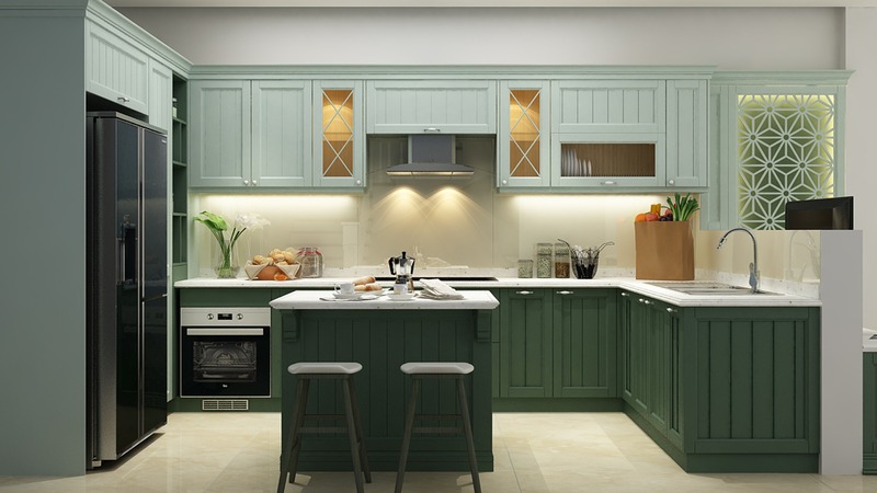 Căn bếp đầy đủ tiện nghi, hiện đại của chủ nhà mệnh Thủy với sự kết hợp hài hòa giữa màu xanh lá đậm - nhạt và màu trắng