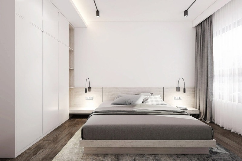 Căn phòng ngủ mang phong cách hiện đại, tối giản với gam màu trắng - xám chủ đạo cùng hệ đèn kim loại màu đen nổi bật của chủ nhà mệnh Thủy