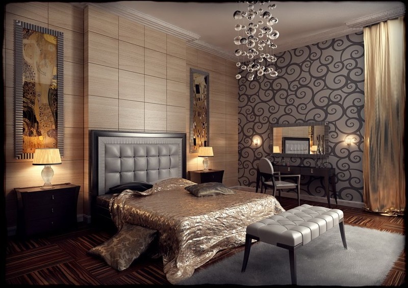 Không gian phòng ngủ ấn tượng với nội thất bằng gỗ cao, hai bức tranh treo tường đối xứng mang đậm tính nghệ thuật