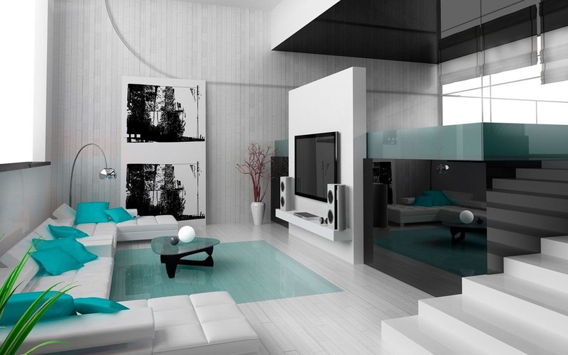 Không gian phòng khách mang phong cách Hitech mang tông màu trắng - đen - xanh vô cùng ấn tượng