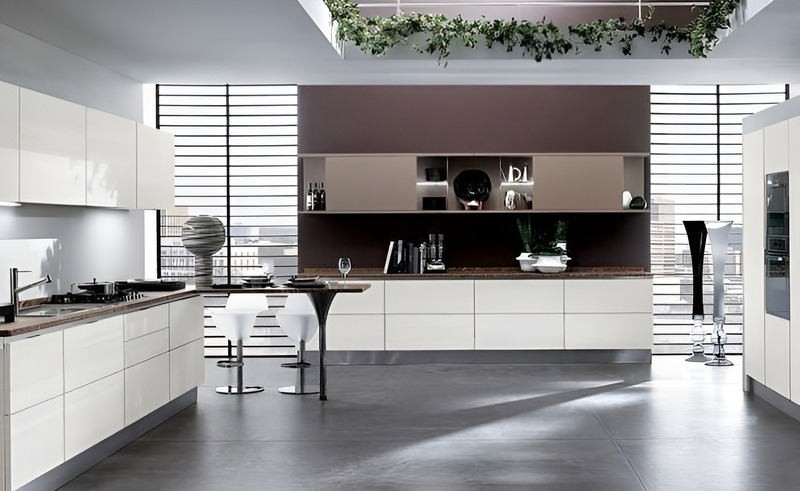 Không gian nội thất căn bếp mang phong cách Hitech được phân chia khu vực khô - ướt rõ ràng