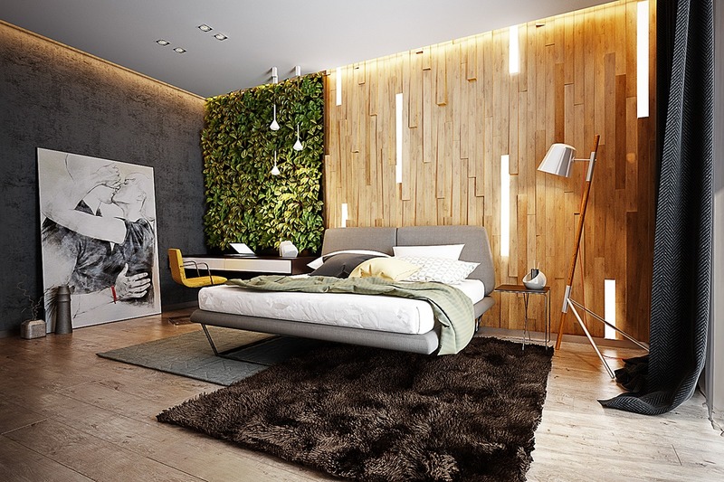 Thiết kế phòng ngủ phong cách Organic độc đáo với mảng tường xanh kết hợp với mảng tường gỗ mộc mạc, tự nhiên