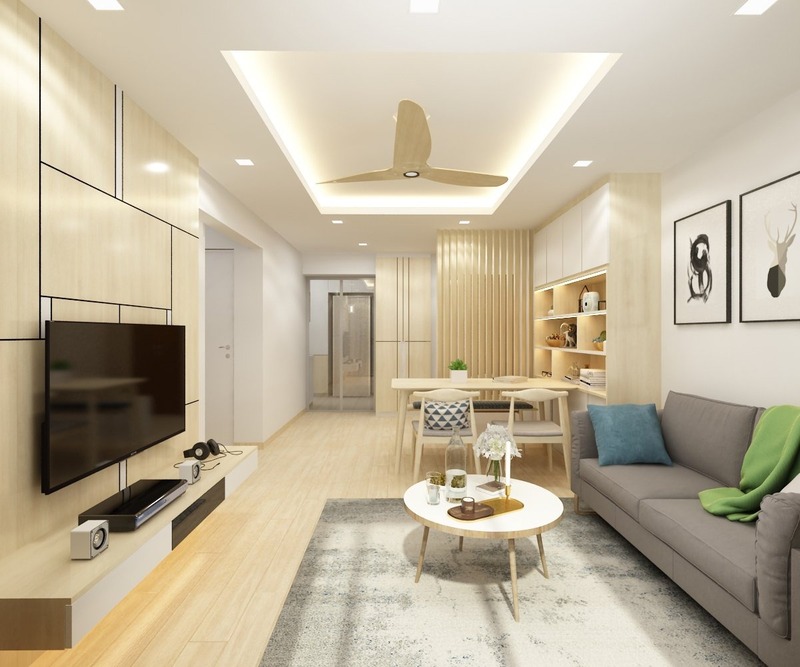 Không gian phòng khách sử dụng các món đồ nội thất bằng gỗ màu nâu sáng, kết hợp với hệ thống đèn trang trí ánh vàng tạo nên cảm giác ấm cúng