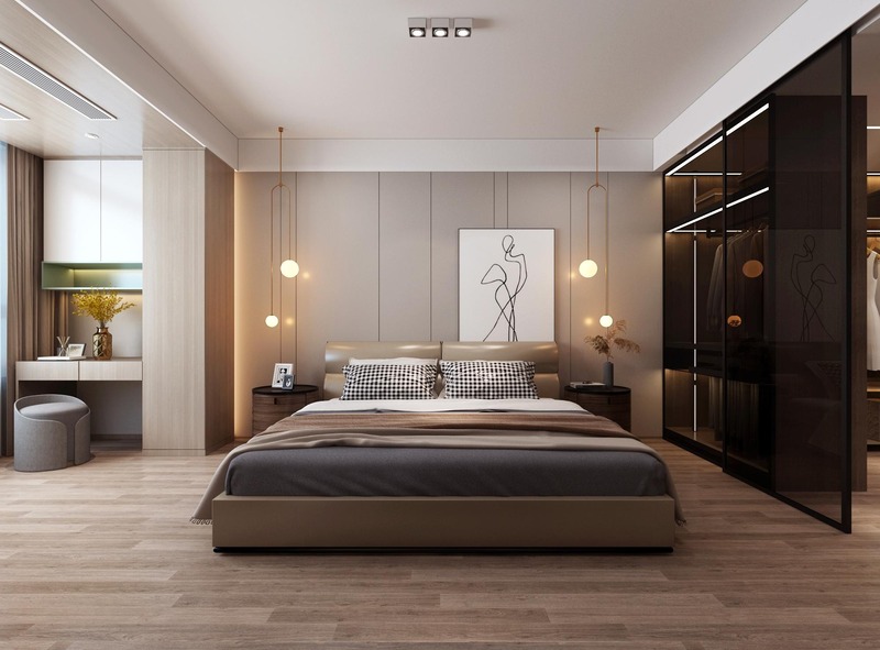 Không gian phòng ngủ có tông màu nâu trầm chủ đạo kết hợp với đèn ngủ màu vàng gợi lên bầu không khí ẩm áp, dễ ngủ