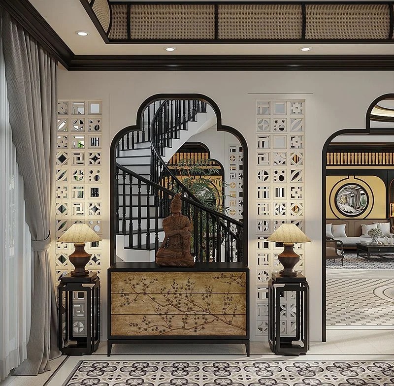 Phong cách thiết kế nội thất Indochine cũng tuân theo các nguyên tắc, bố cục đối xứng cổ điển của Châu Âu