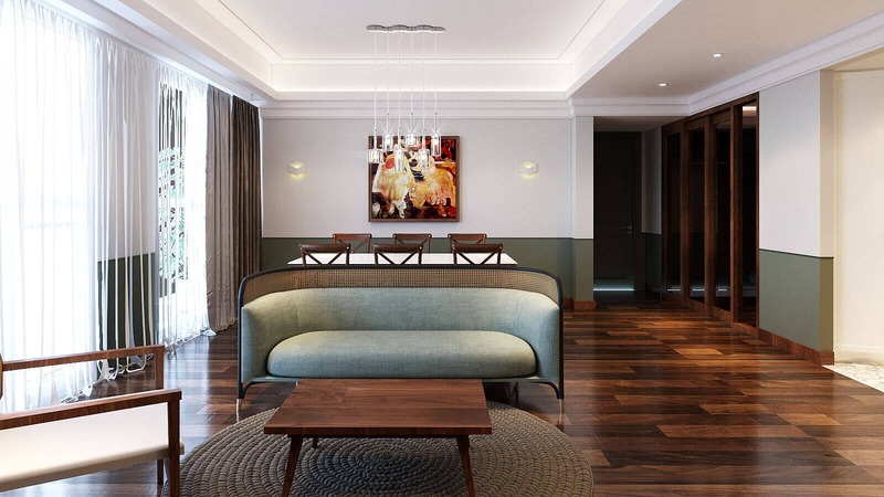 Không gian nội thất phòng khách theo thiết kế Indochine sử dụng nhiều vật liệu gỗ, giúp toát vẻ đẹp sang trọng, hiện đại