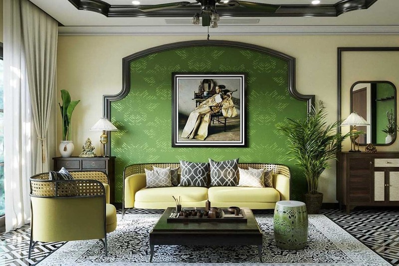 Không gian nội thất phòng khách theo thiết kế Indochine sử dụng nhiều vật liệu nội thất truyền thống như tre, gỗ, gạch bông