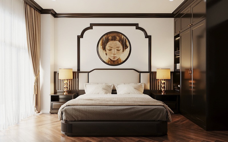 Không gian phòng ngủ phong cách Indochine được bố trí màu sắc nội thất hài hòa giữa tông màu trắng - nâu - be