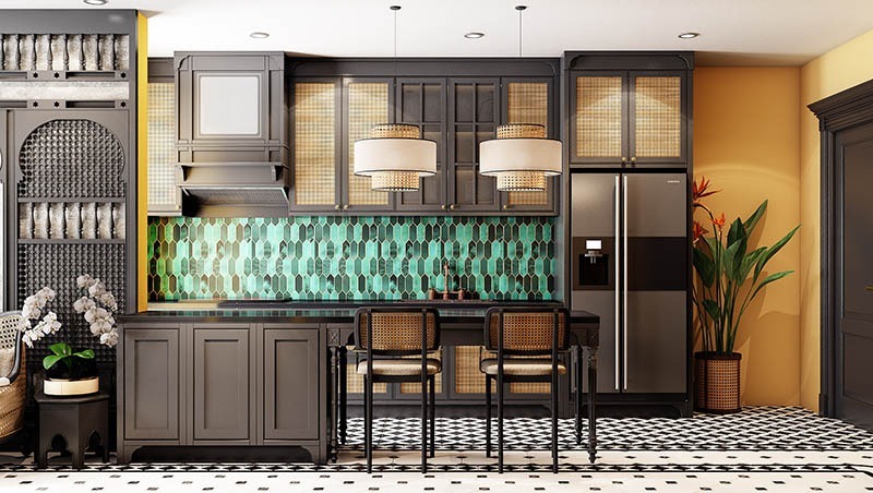Căn bếp phong cách Indochine sở hữu nhiều đồ nội thất gỗ kết hợp với họa tiết hình chữ nhật đặc trưng