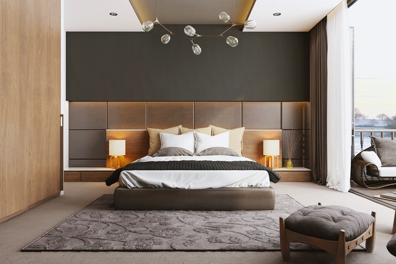 Phòng ngủ mang phong cách hiện đại được bài trí đơn giản và trơn nhẵn, điểm nhấn là khung cửa kính lớn dẫn ánh sáng vào phòng