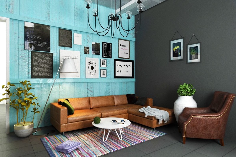 Không gian phòng khách phong khách Retro sử dụng mảng tường màu xanh nổi bật kết hợp với tấm thảm rực rỡ đầy màu sắc gây ấn tượng mạnh mẽ
