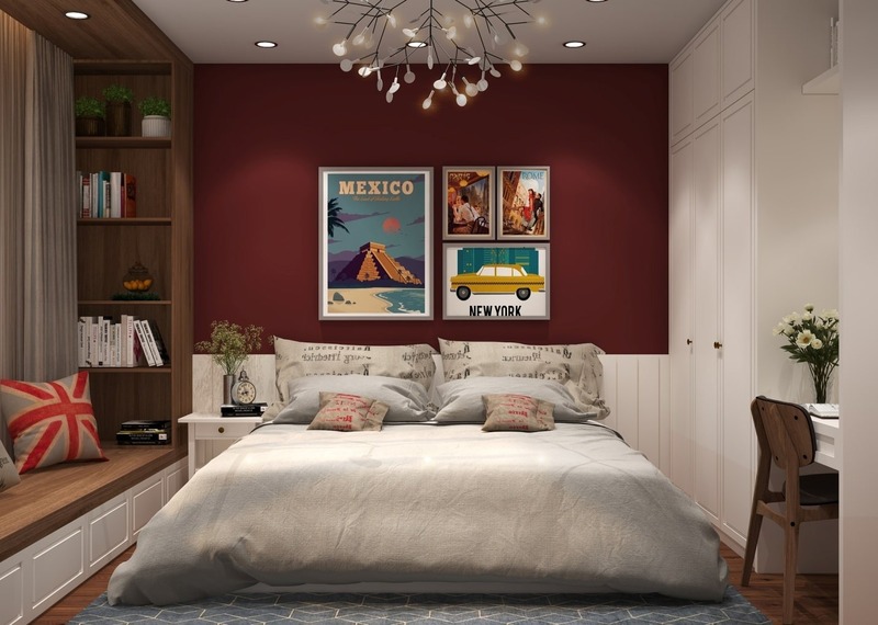 Phòng ngủ mang phong cách Retro được trang trí bằng nhiều bức tranh hoạt hoạ 2D tạo cảm giác cổ xưa