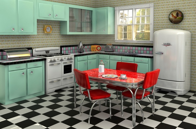 Tủ bếp xanh ngọc, bộ bàn ghế ăn màu đỏ kết hợp với sàn bếp hoạ tiết caro tạo nên bầu không khí đặc trưng của phong cách Retro