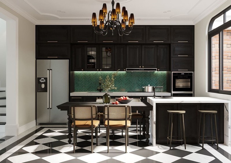 Không gian phòng bếp Indochine sử dụng tông màu tương phản trắng và đen ấn tượng